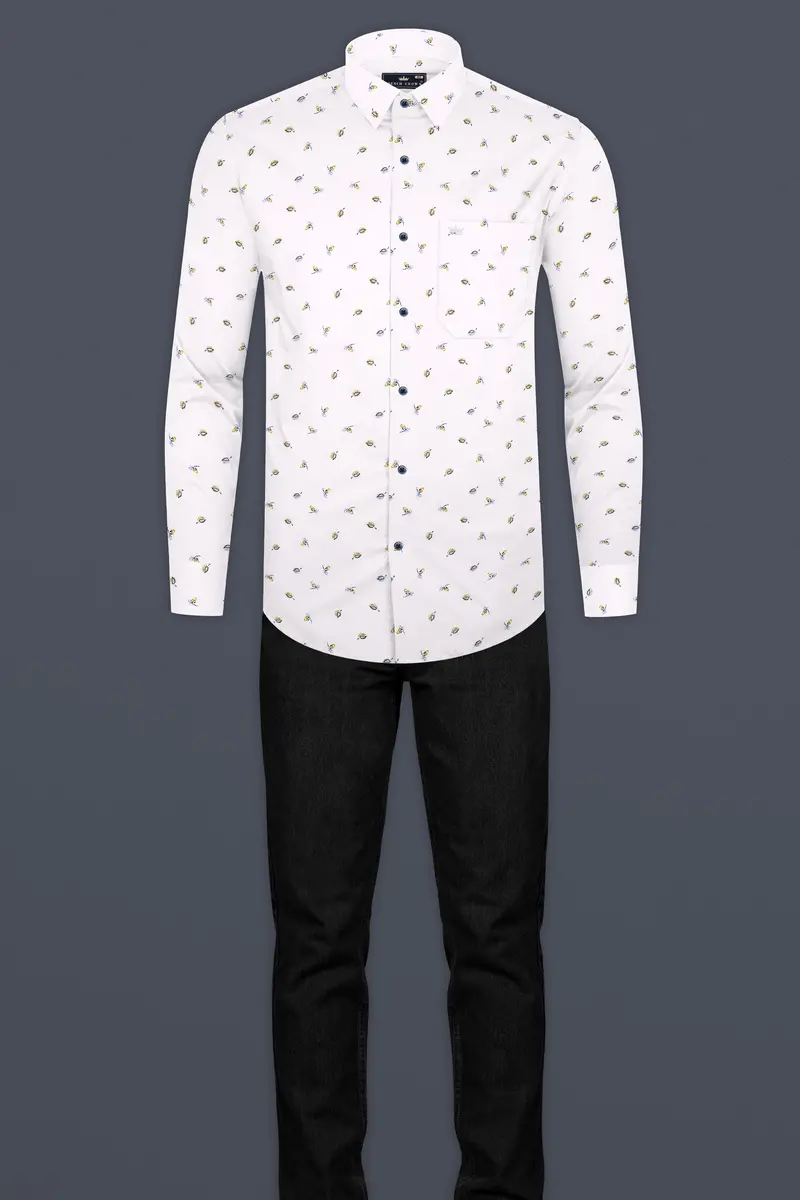 Bright White Printed Super Soft Leaves Printed Premium Cotton Shirt 6