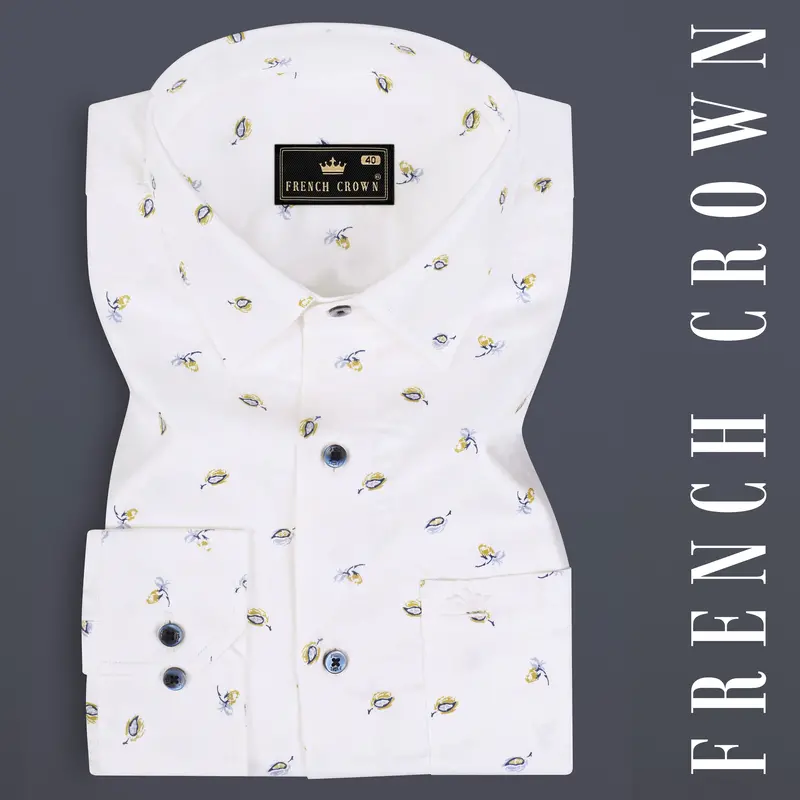 Bright White Printed Super Soft Leaves Printed Premium Cotton Shirt 7