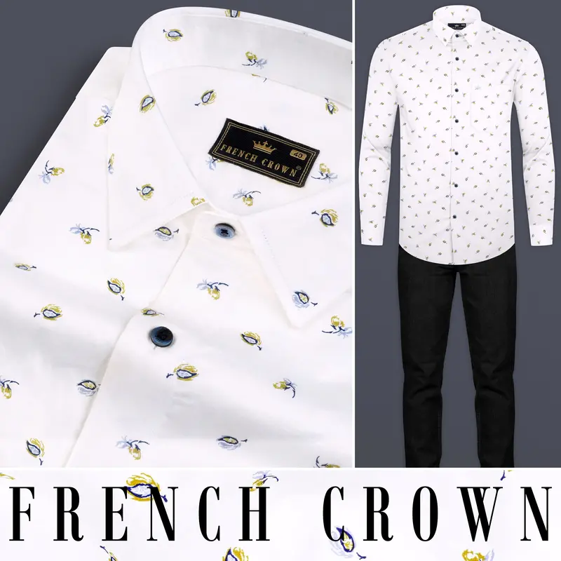Bright White Printed Super Soft Leaves Printed Premium Cotton Shirt 9