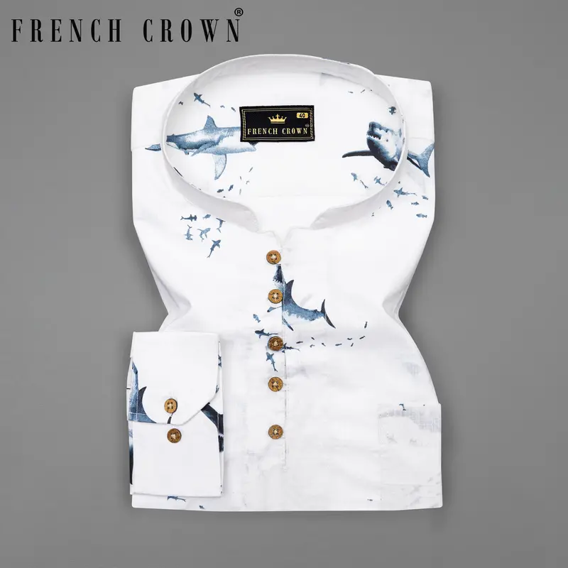 Bright White Shark Printed Luxurious Linen Kurta Shirt 1
