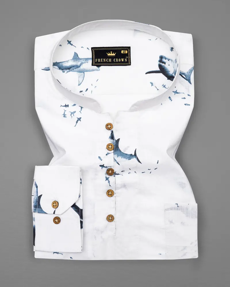 Bright White Shark Printed Luxurious Linen Kurta Shirt 2