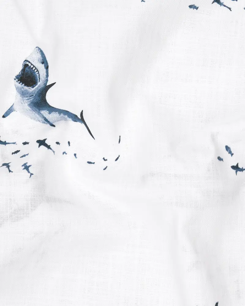 Bright White Shark Printed Luxurious Linen Kurta Shirt 3