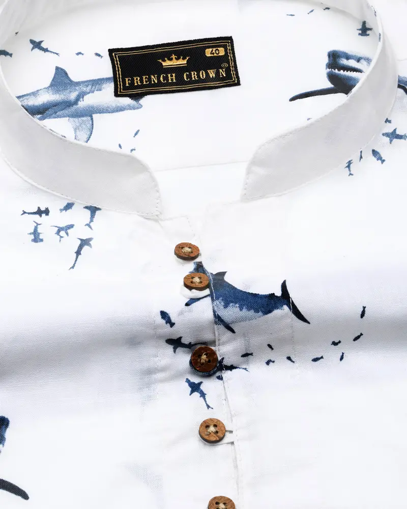 Bright White Shark Printed Luxurious Linen Kurta Shirt 4