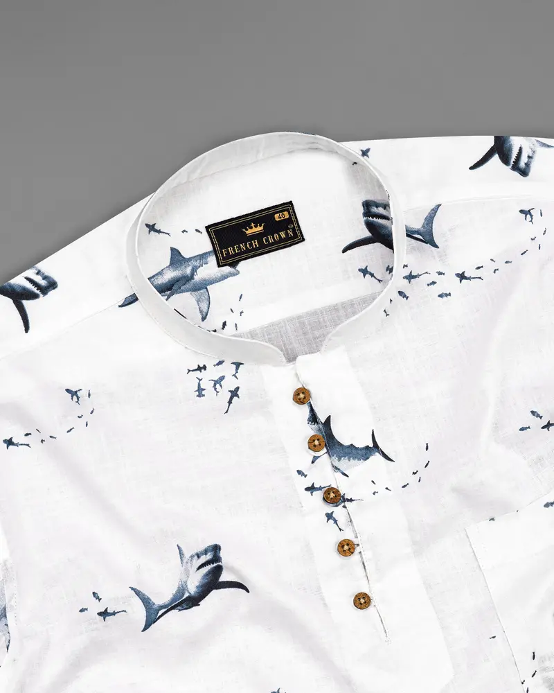 Bright White Shark Printed Luxurious Linen Kurta Shirt 5