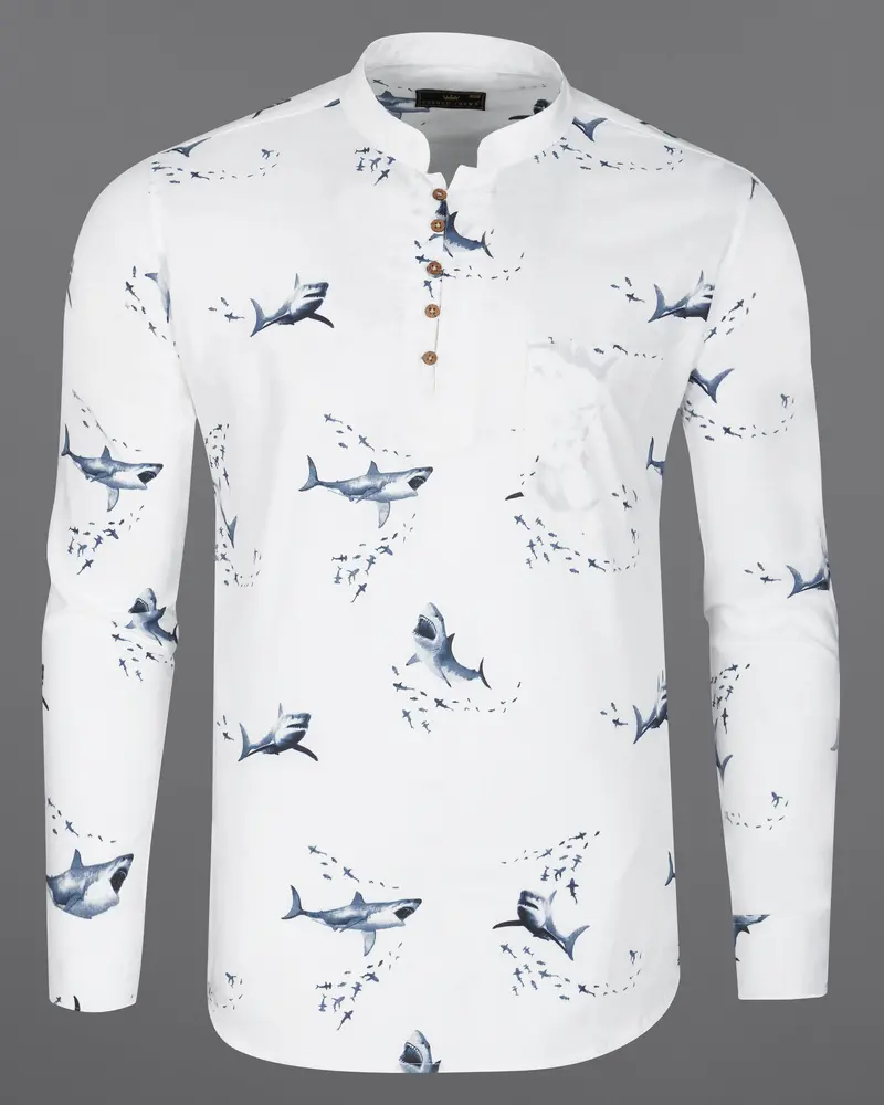 Bright White Shark Printed Luxurious Linen Kurta Shirt 6