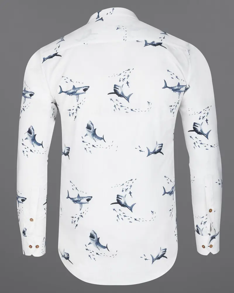 Bright White Shark Printed Luxurious Linen Kurta Shirt 7