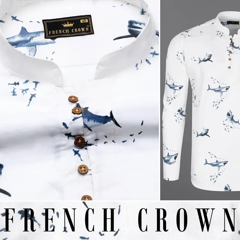 Bright White Shark Printed Luxurious Linen Kurta Shirt 9