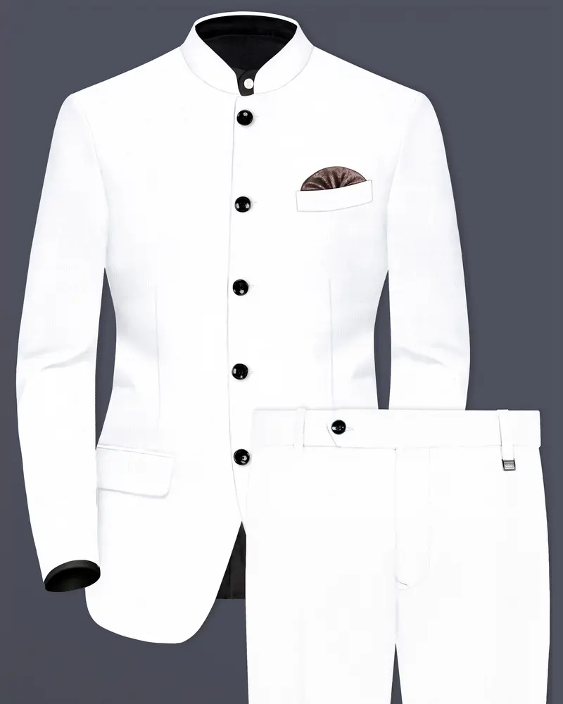 Bright White Solid Bandhgala Luxurious Linen Suit 1
