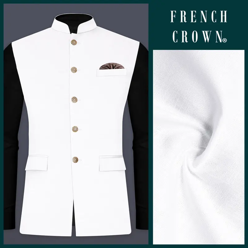 Bright White Solid Luxurious Linen Nehru Jacket 1