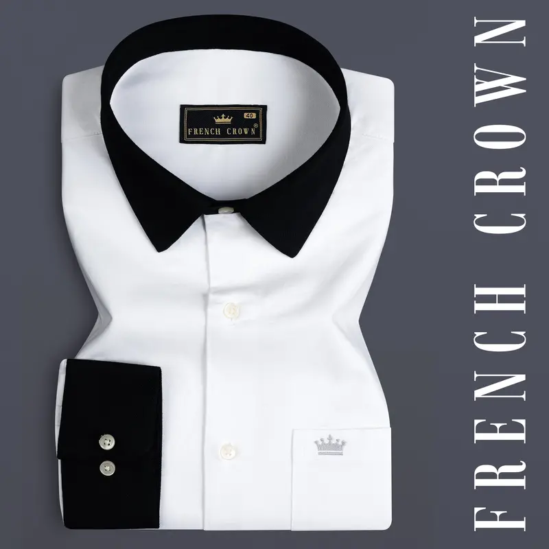Bright White Solid Royal Oxford Premium Cotton Black Cuff Collar Shirt 1