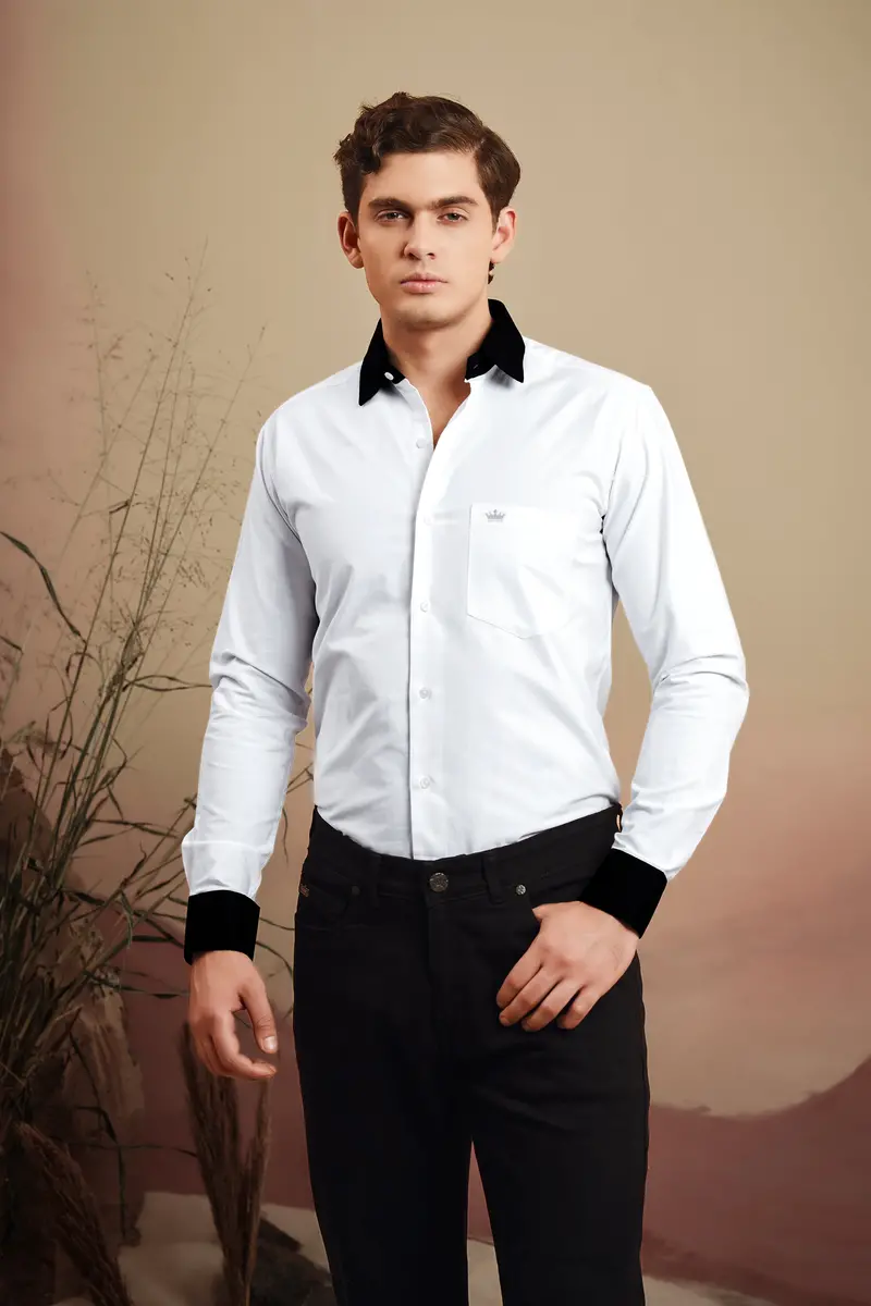 Bright White Solid Royal Oxford Premium Cotton Black Cuff Collar Shirt 10