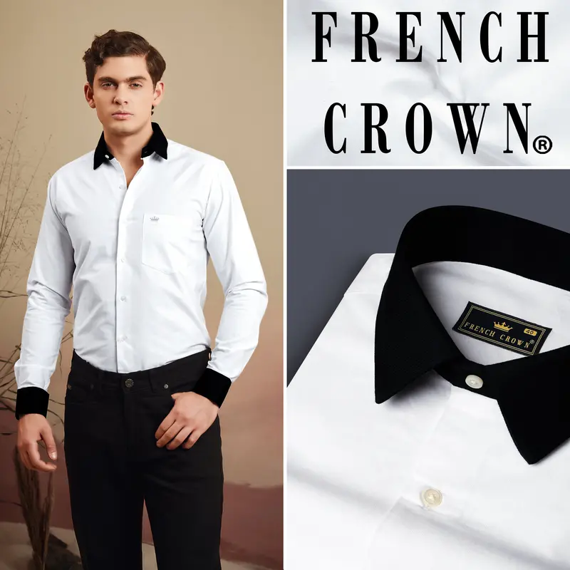 Bright White Solid Royal Oxford Premium Cotton Black Cuff Collar Shirt 12