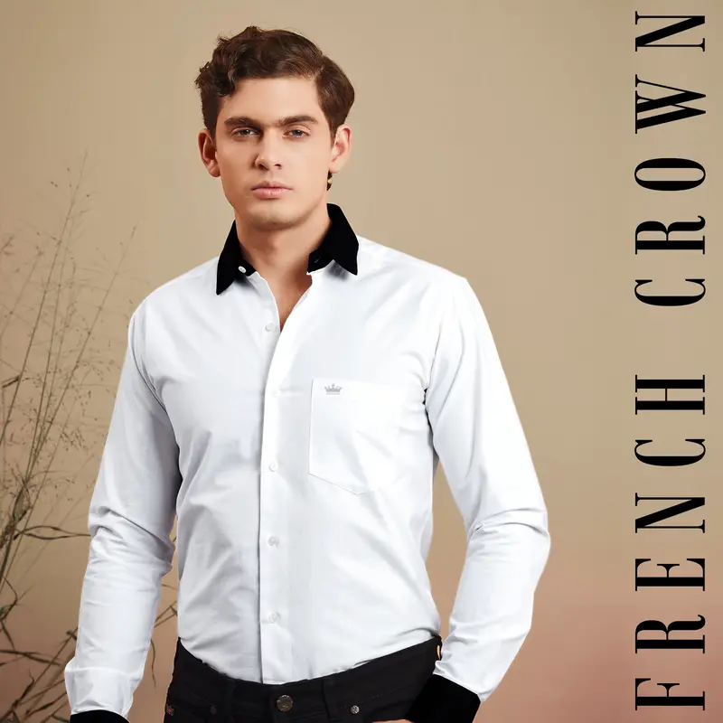 Bright White Solid Royal Oxford Premium Cotton Black Cuff Collar Shirt 13