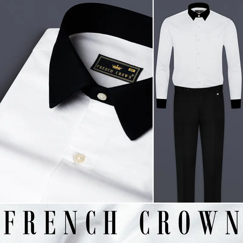 Bright White Solid Royal Oxford Premium Cotton Black Cuff Collar Shirt 15