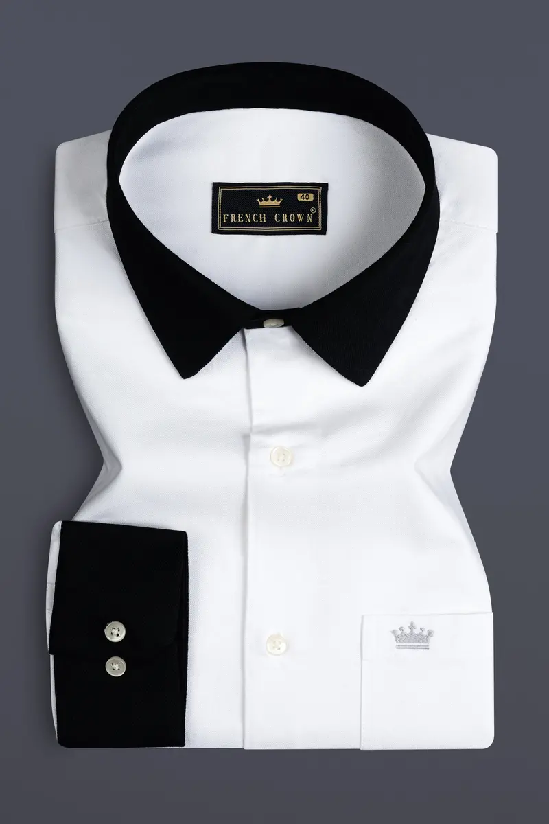 Bright White Solid Royal Oxford Premium Cotton Black Cuff Collar Shirt 2