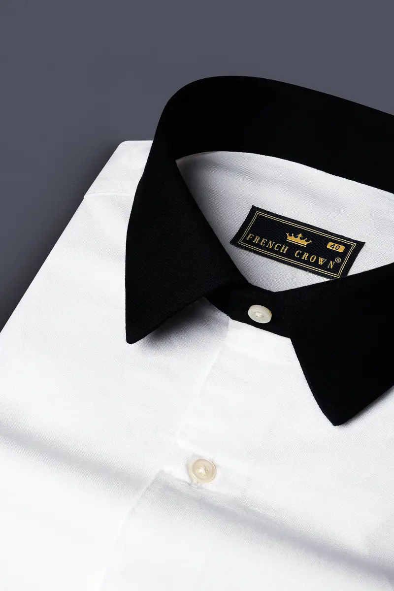 Bright White Solid Royal Oxford Premium Cotton Black Cuff Collar Shirt 4