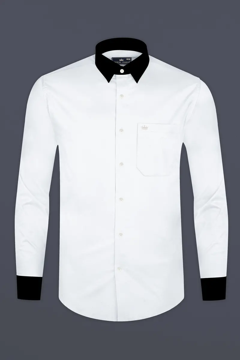 Bright White Solid Royal Oxford Premium Cotton Black Cuff Collar Shirt 5
