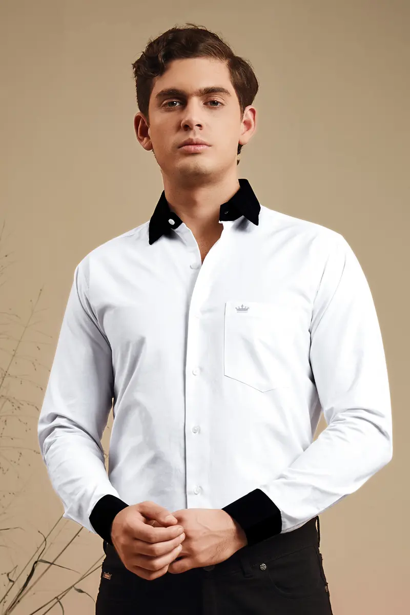 Bright White Solid Royal Oxford Premium Cotton Black Cuff Collar Shirt 8