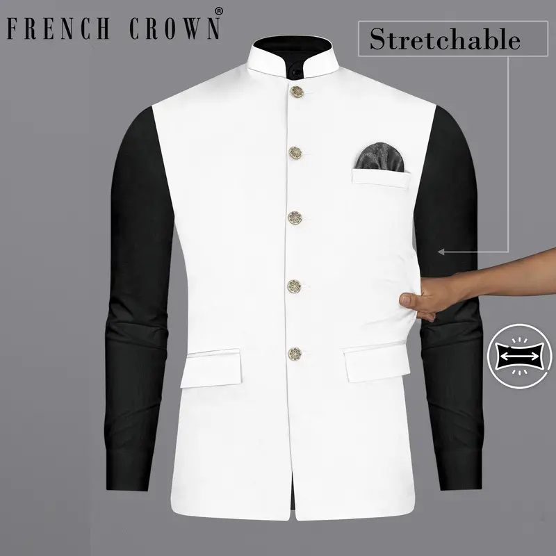 Bright White Solid Stretchable Premium Cotton Traveler Nehru Jacket 1