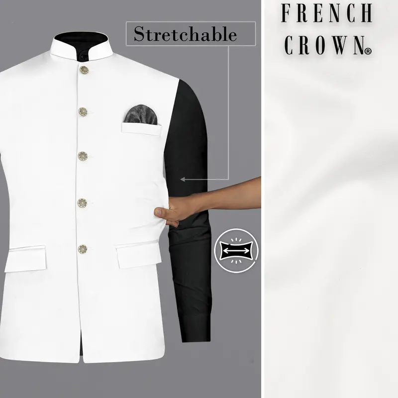 Bright White Solid Stretchable Premium Cotton Traveler Nehru Jacket 1