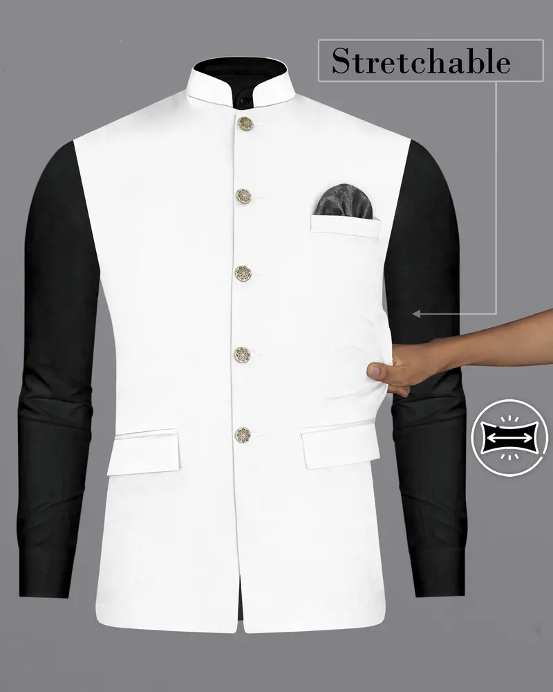 Bright White Solid Stretchable Premium Cotton Traveler Nehru Jacket 2
