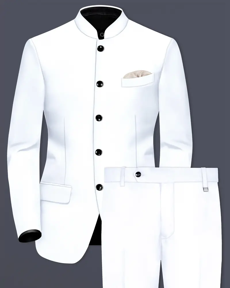 Bright White Solid Wool Rich Bandhgala Stretchable Traveler Suit 1