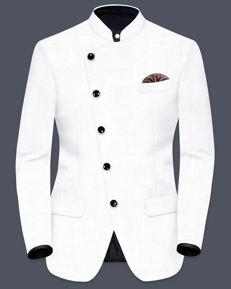 Bright White Solid Wool Rich Cross Placket Bandhgala Luxurious Linen Blazer 1