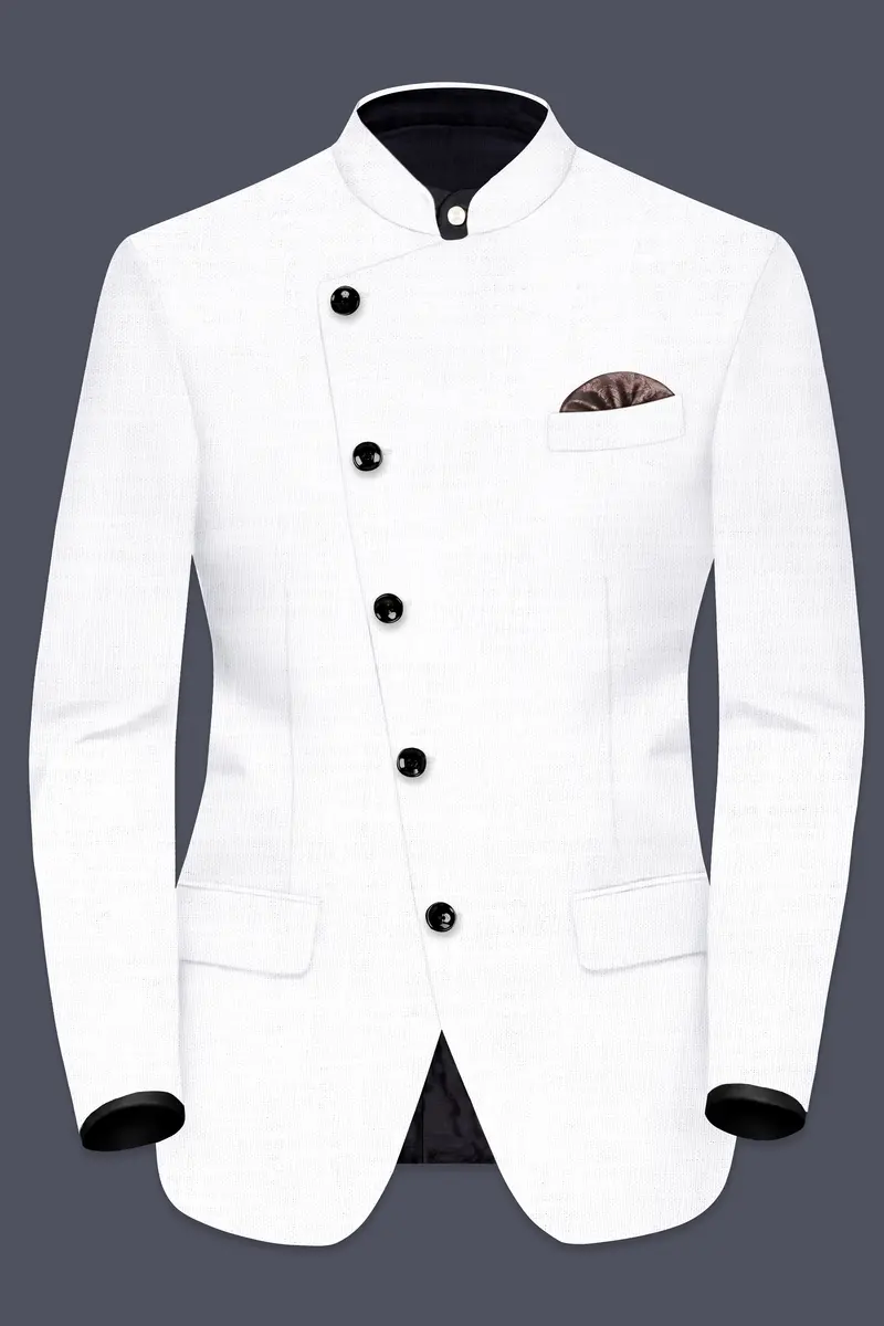 Bright White Solid Wool Rich Cross Placket Bandhgala Luxurious Linen Blazer 2
