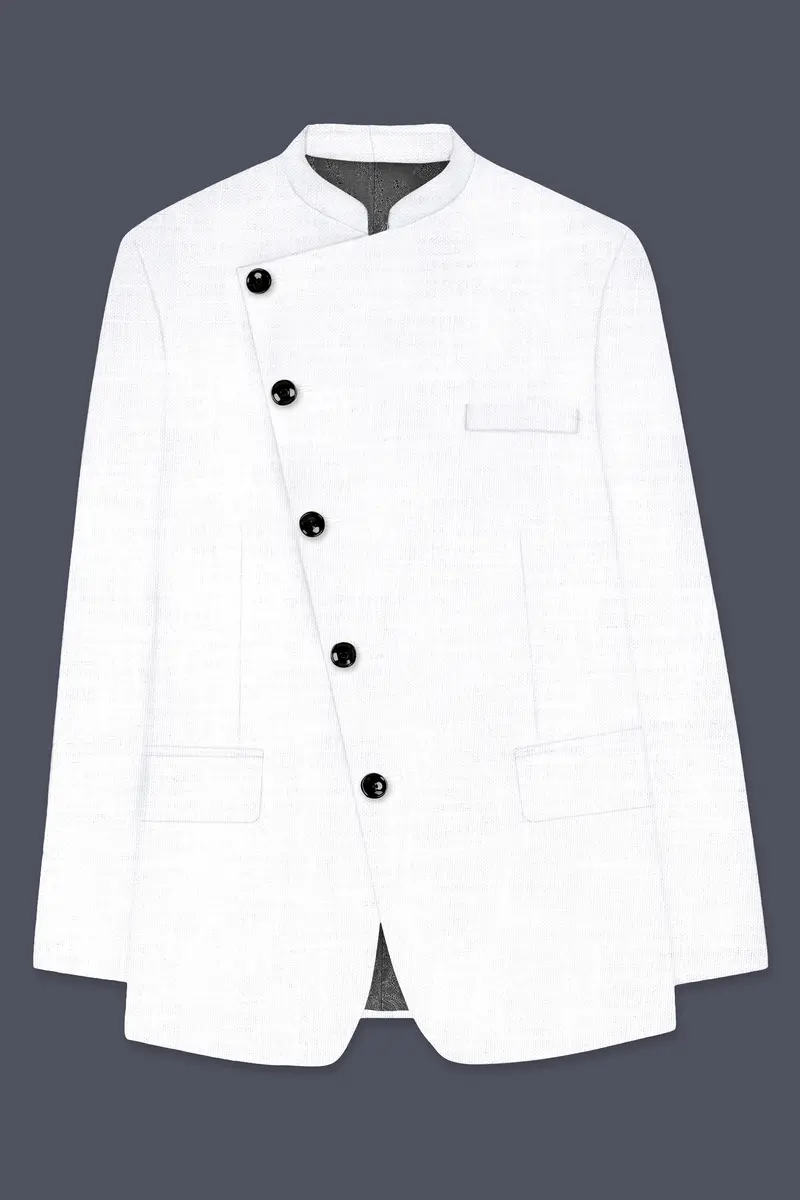 Bright White Solid Wool Rich Cross Placket Bandhgala Luxurious Linen Blazer 6