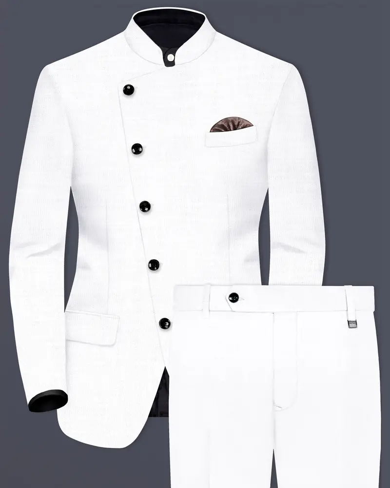 Bright White Solid Wool Rich Cross Placket Bandhgala Luxurious Linen Suit 1