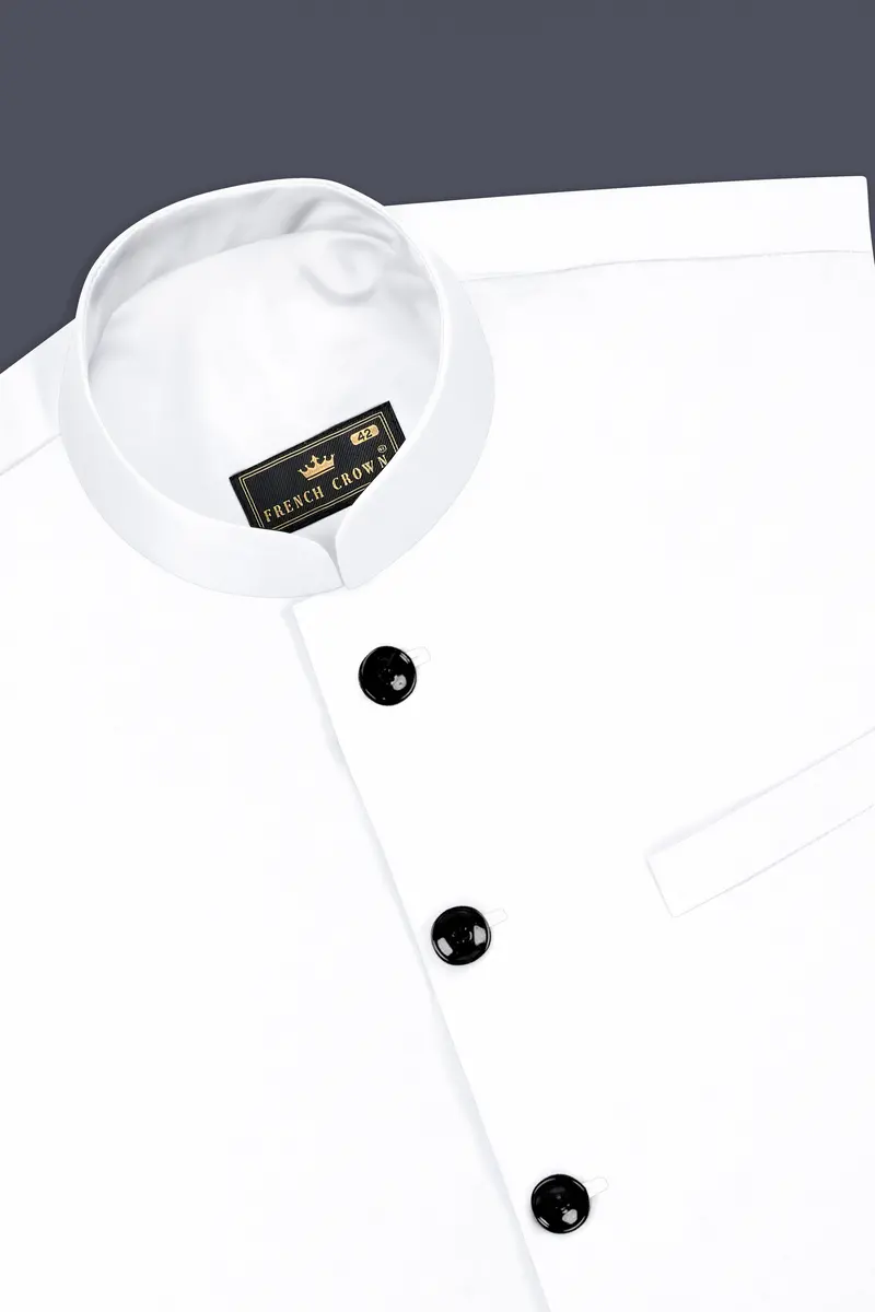 Bright White Solid Wool Rich Cross Placket Bandhgala Luxurious Linen Suit 16