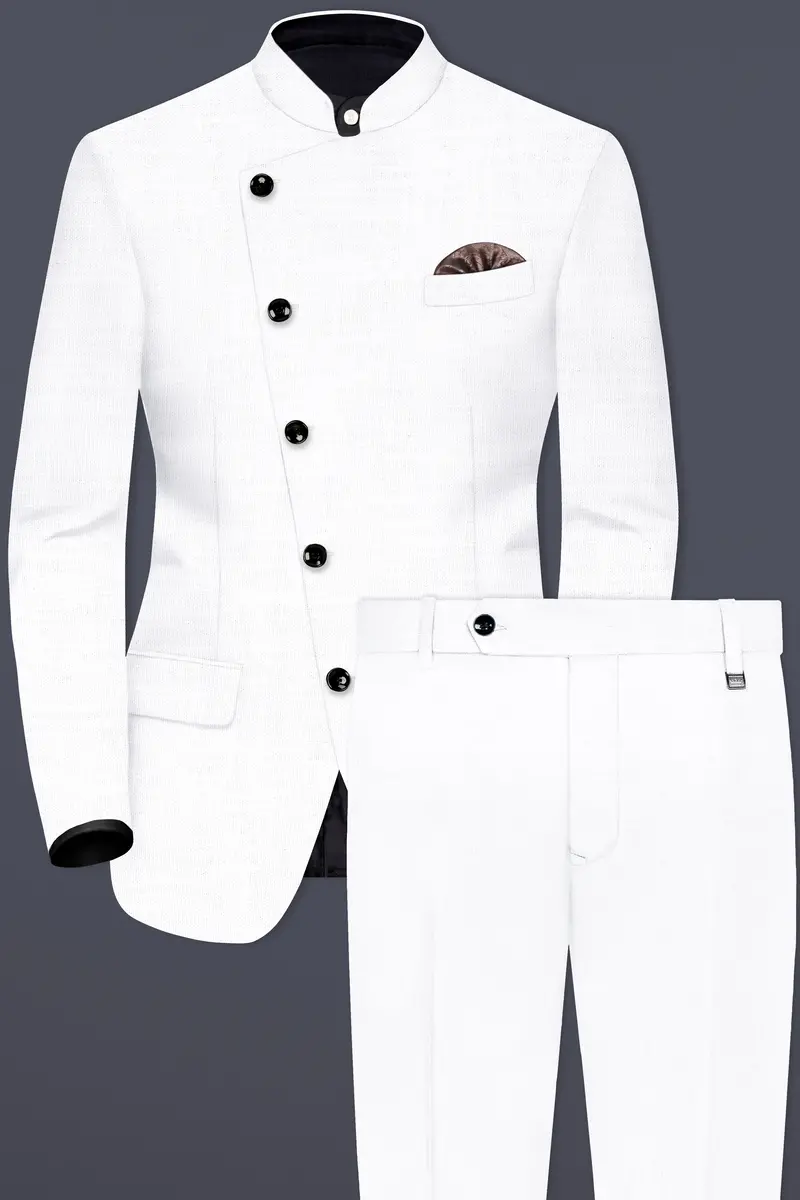 Bright White Solid Wool Rich Cross Placket Bandhgala Luxurious Linen Suit 2