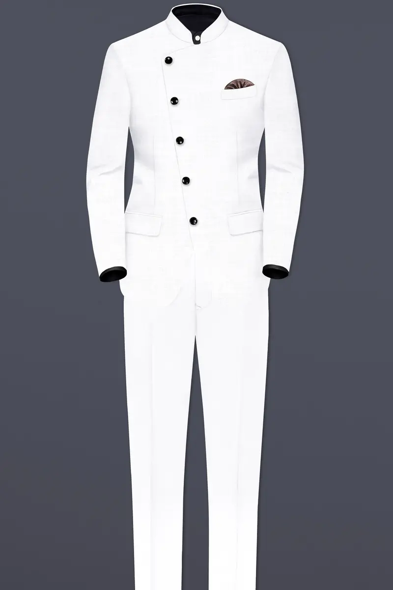 Bright White Solid Wool Rich Cross Placket Bandhgala Luxurious Linen Suit 4
