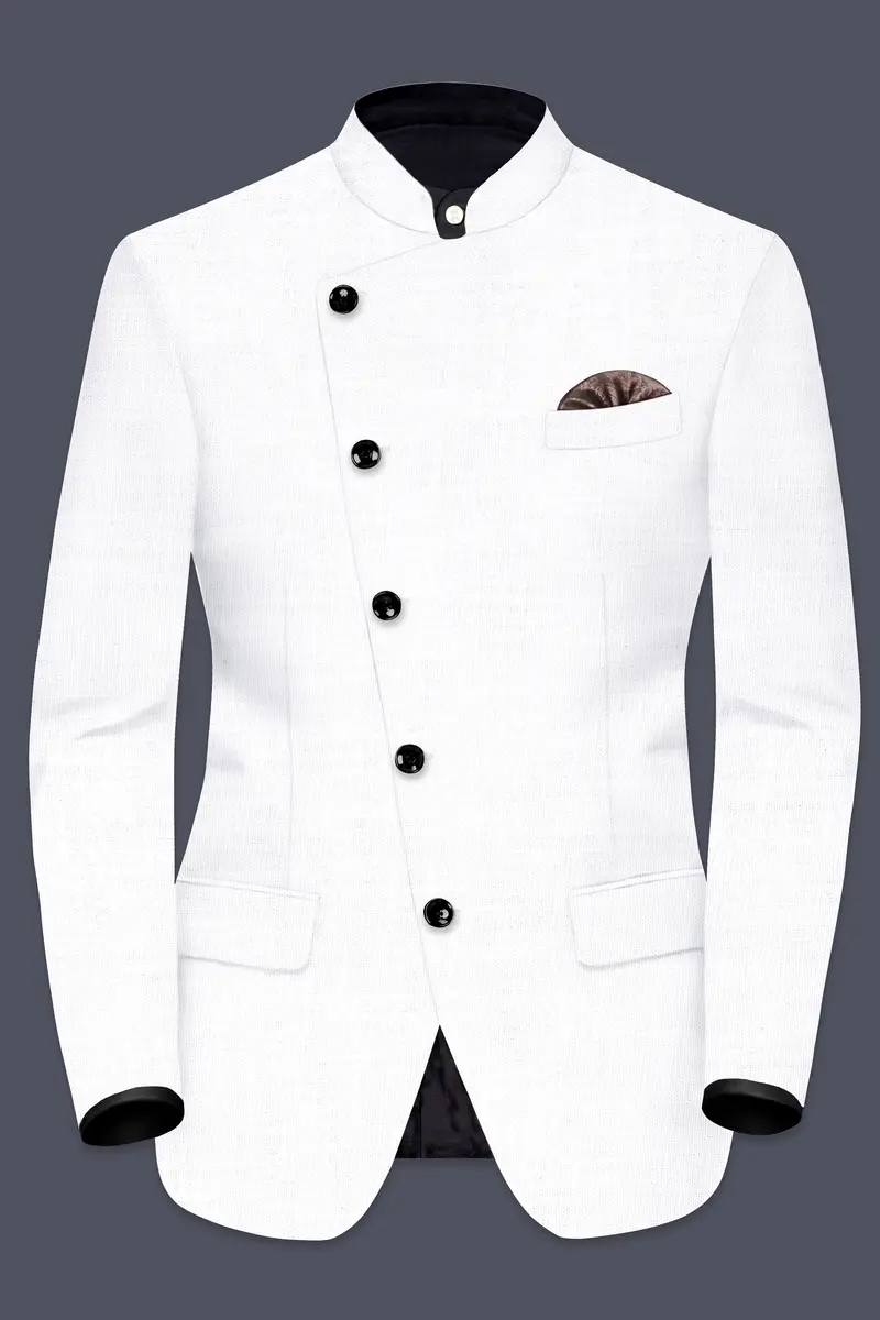 Bright White Solid Wool Rich Cross Placket Bandhgala Luxurious Linen Suit 8