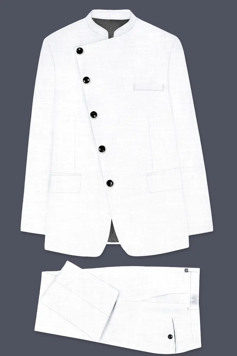 Bright White Solid Wool Rich Cross Placket Bandhgala Luxurious Linen Suit 9