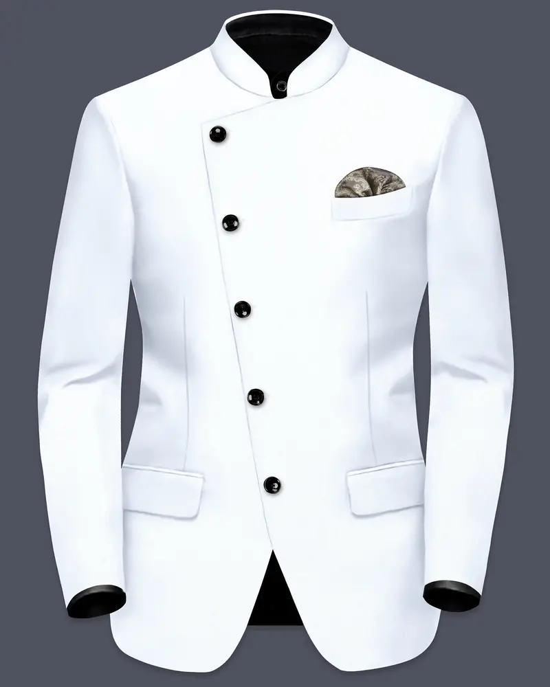 Bright White Solid Wool Rich Cross Placket Bandhgala Stretchable Traveler Blazer 1