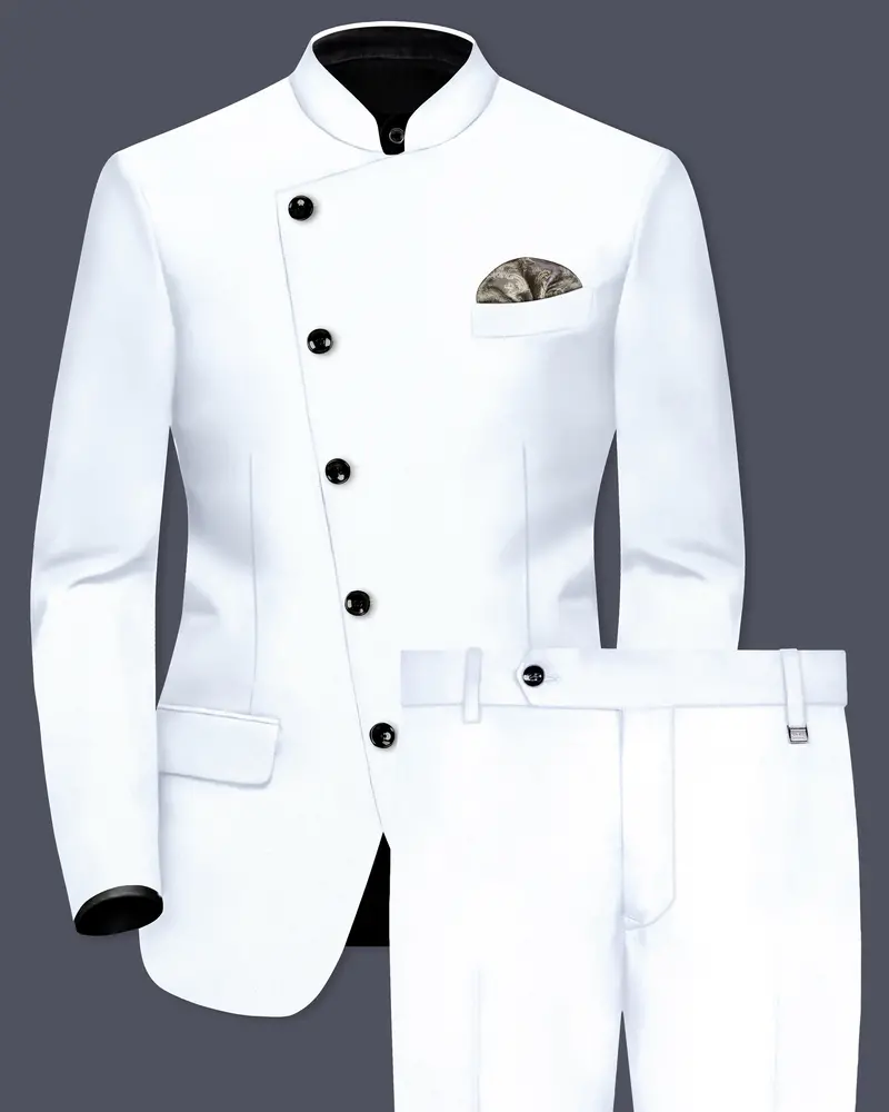Bright White Solid Wool Rich Cross Placket Bandhgala Stretchable Traveler Suit 1