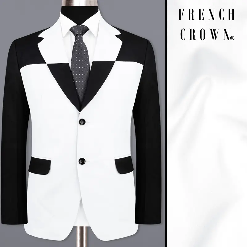 Bright White Stretchable Stretchable Subtle Sheen And Black Single Breasted Designer Block Blazer 1