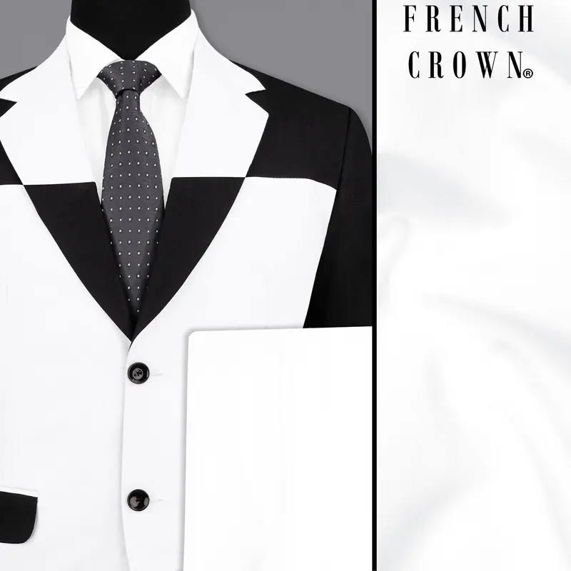 Bright White Stretchable Subtle Sheen And Black Single Breasted Designer Block Suit 1