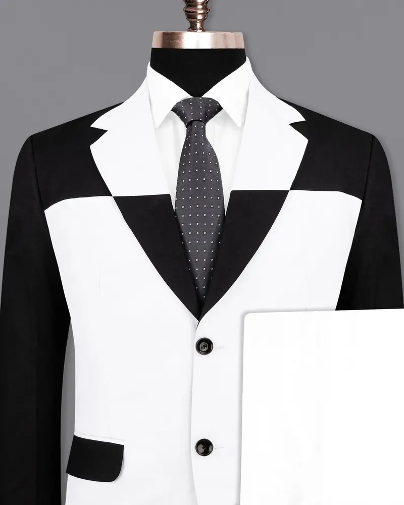 Bright White Stretchable Subtle Sheen And Black Single Breasted Designer Block Suit 2