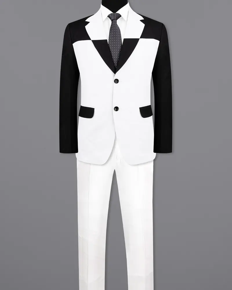 Bright White Stretchable Subtle Sheen And Black Single Breasted Designer Block Suit 4