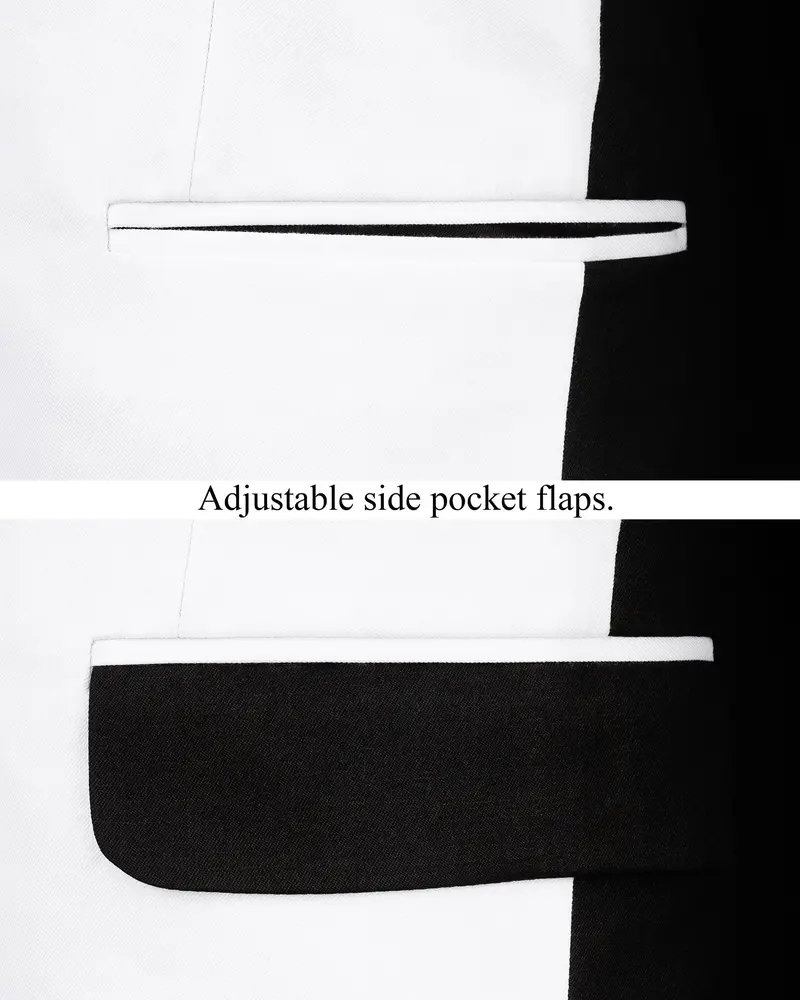 Bright White Stretchable Subtle Sheen And Black Single Breasted Designer Block Suit 6