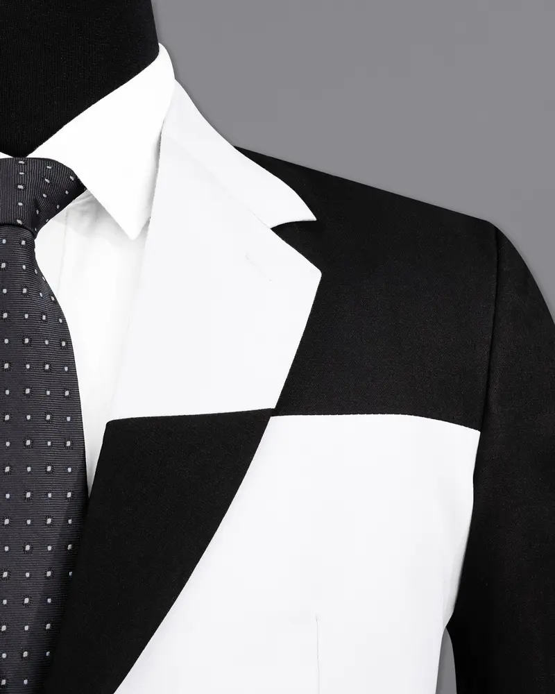 Bright White Stretchable Subtle Sheen And Black Single Breasted Designer Block Suit 7