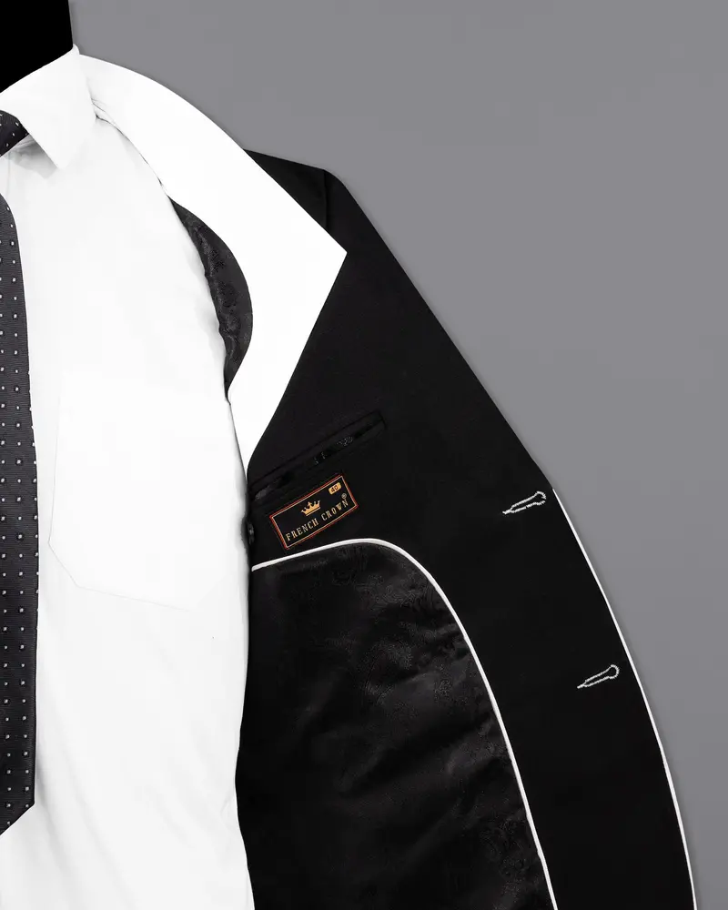 Bright White Stretchable Subtle Sheen And Black Single Breasted Designer Block Suit 8