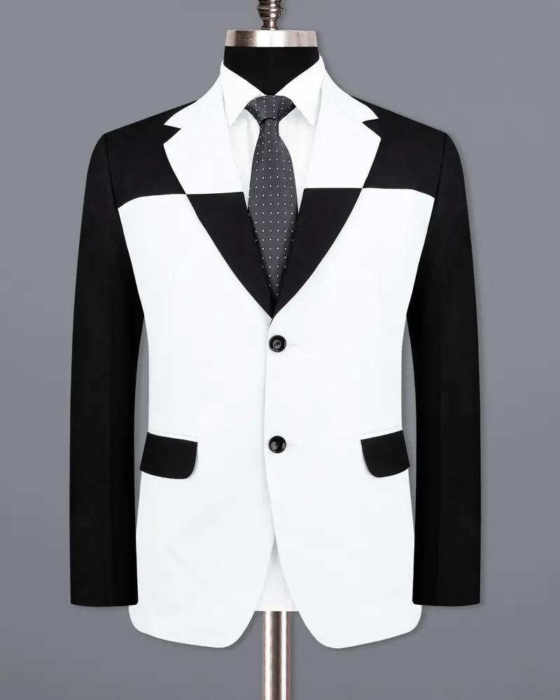 Bright White Stretchable Subtle Sheen And Black Single Breasted Designer Block Suit 9