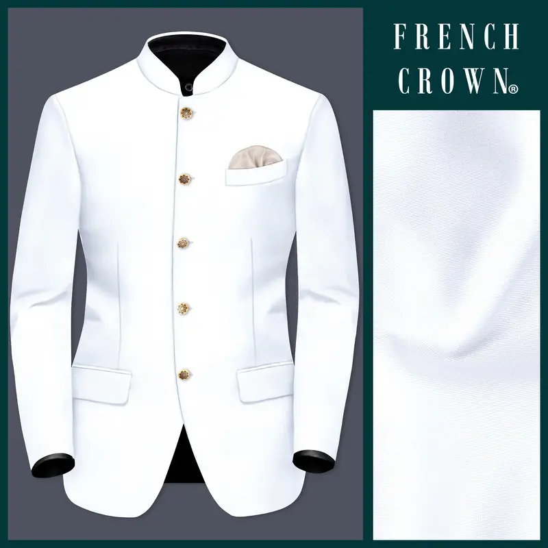 Bright White Stretchable Subtle Sheen Bandhgala/Mandarin Blazer 1