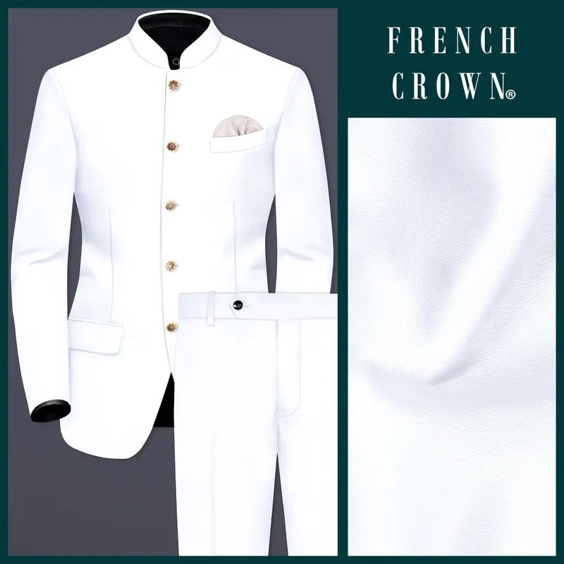 Bright White Stretchable Subtle Sheen Bandhgala/Mandarin Suit 1