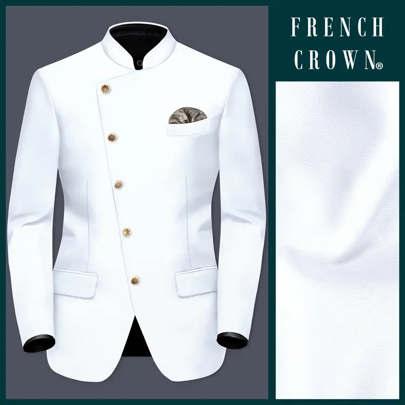 Bright White Stretchable Subtle Sheen Cross Placket Bandhgala/Mandarin Blazer 1