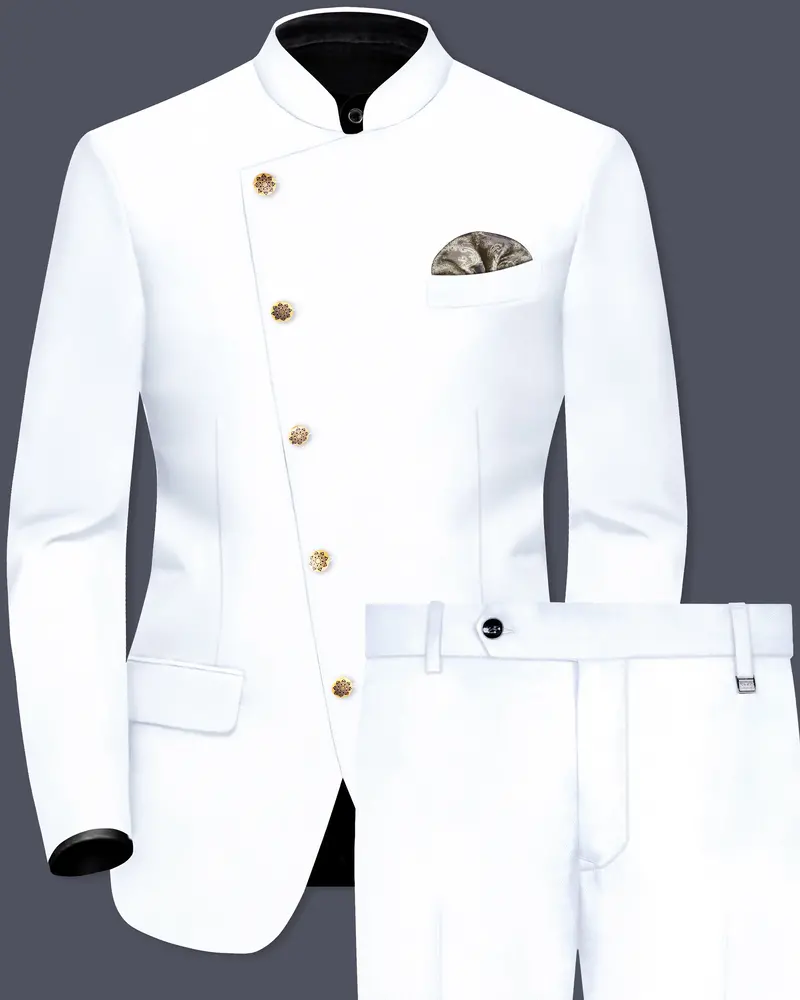 Bright White Stretchable Subtle Sheen Cross Placket Bandhgala/Mandarin Suit 1