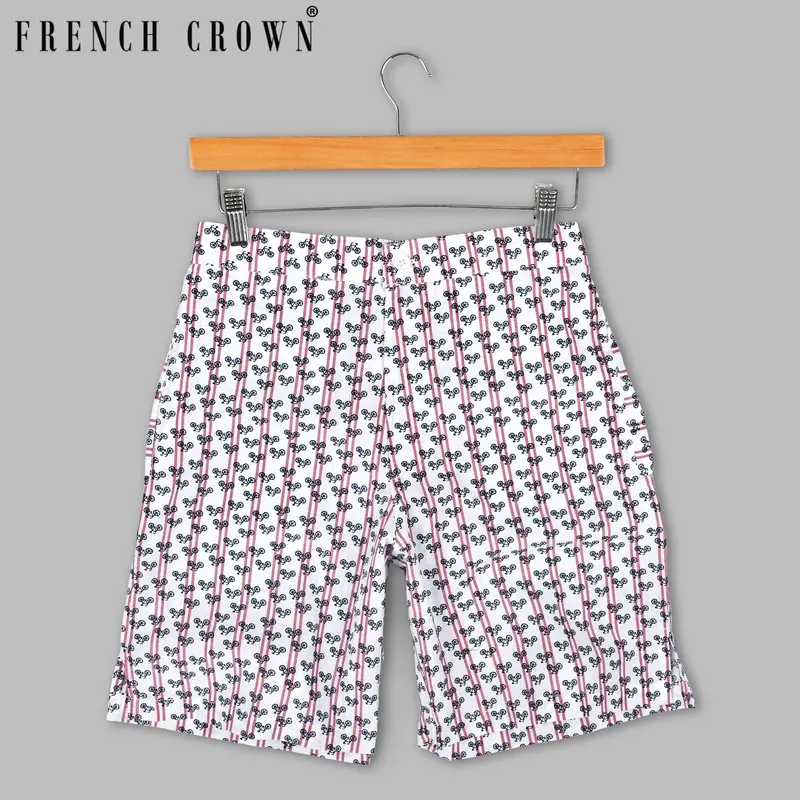 Bright White Striped And Bicycle Printed Premium Cotton Shorts 1